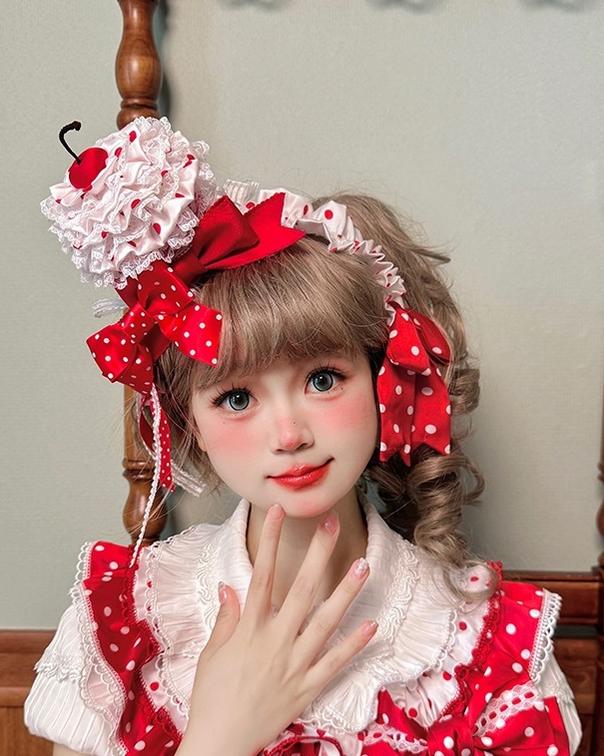 Shuang Sheng Xiao Xiong - Bite The Cake - Sweet Lolita Accessories, Red & White Polka Dots