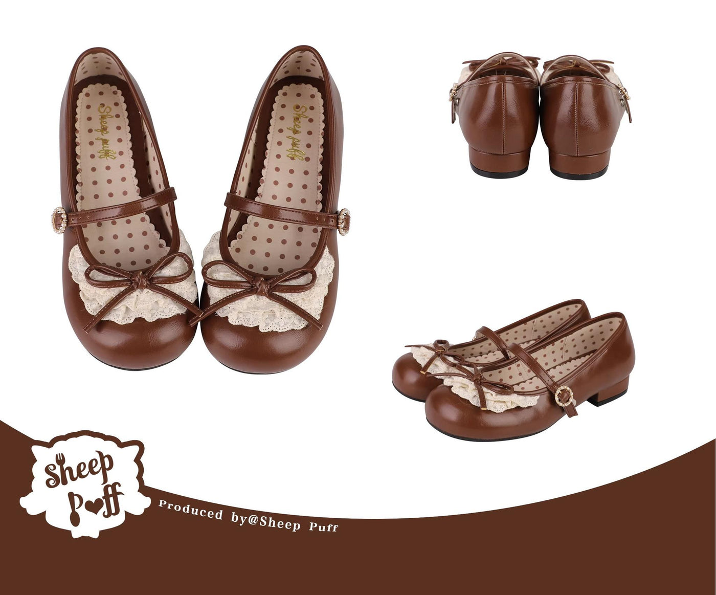 Sheep Puff~Little Leila~Kawaii Lolita Shoes Round Toe Flat Shoes 34 Brown mid heel-4.5cm 