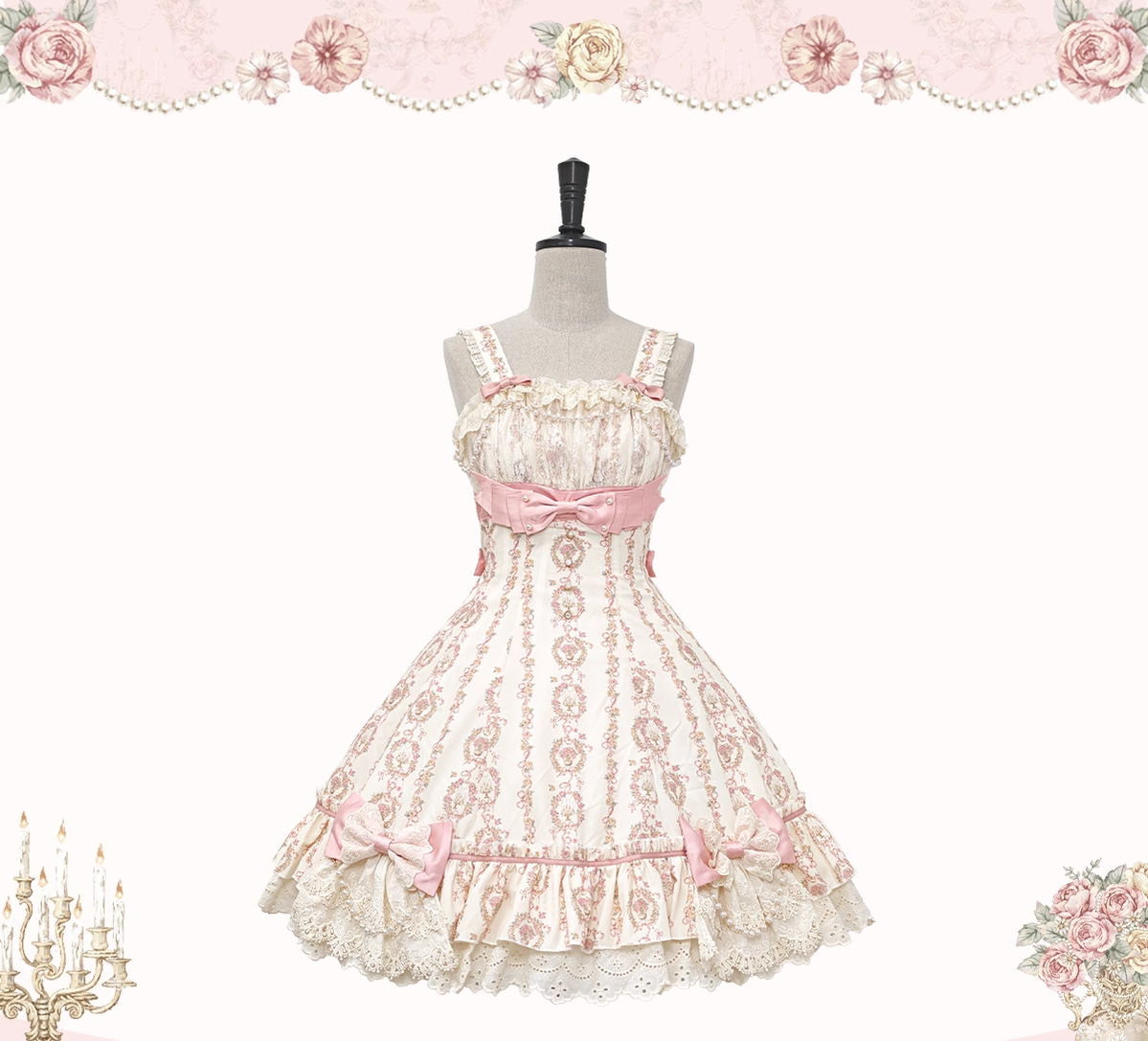 Whispers of Blossoms & Candlelight - Sweet Lolita Floral Printed JSK Dress with Bows (L M S XL) 45631:856597