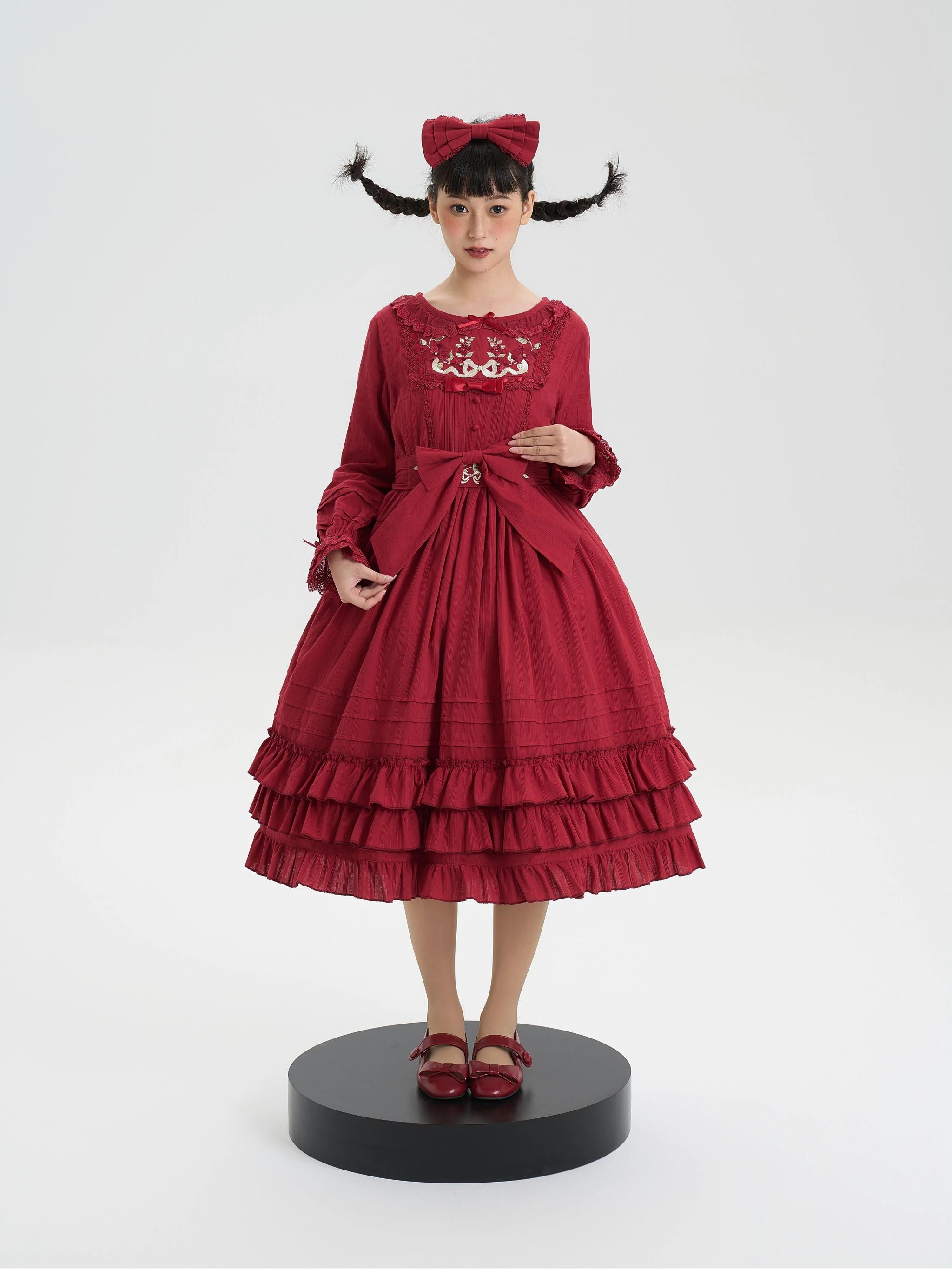 Maiden Nelly - Classic Lolita OP Dress, Embroidered Flowers Burgundy - Long Sleeve OP Dress + Bow S