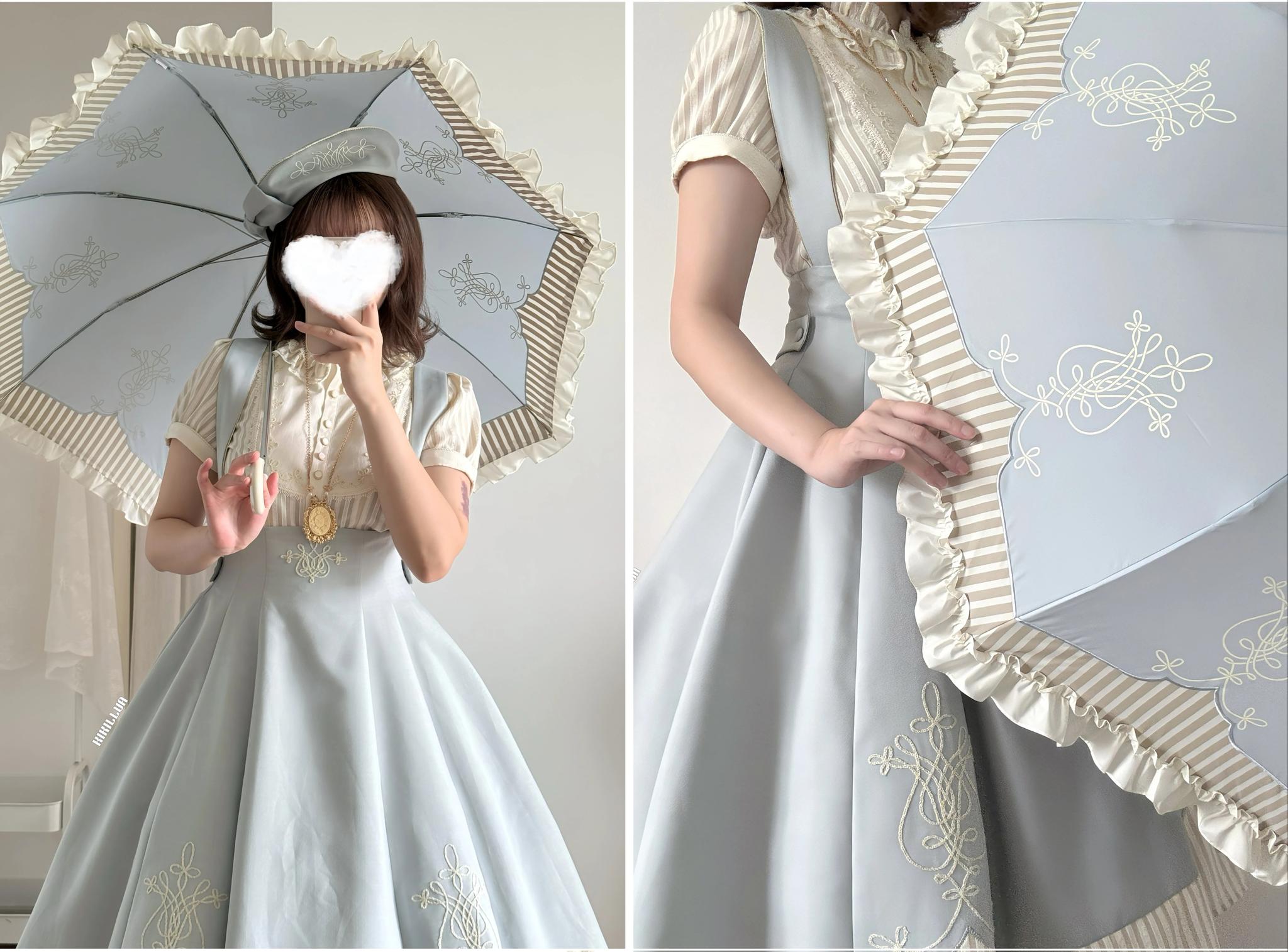 Lyre Academy - Classic Lolita 2-Fold Parasol, Lyre Print & Embroidered Trim 45679:858511