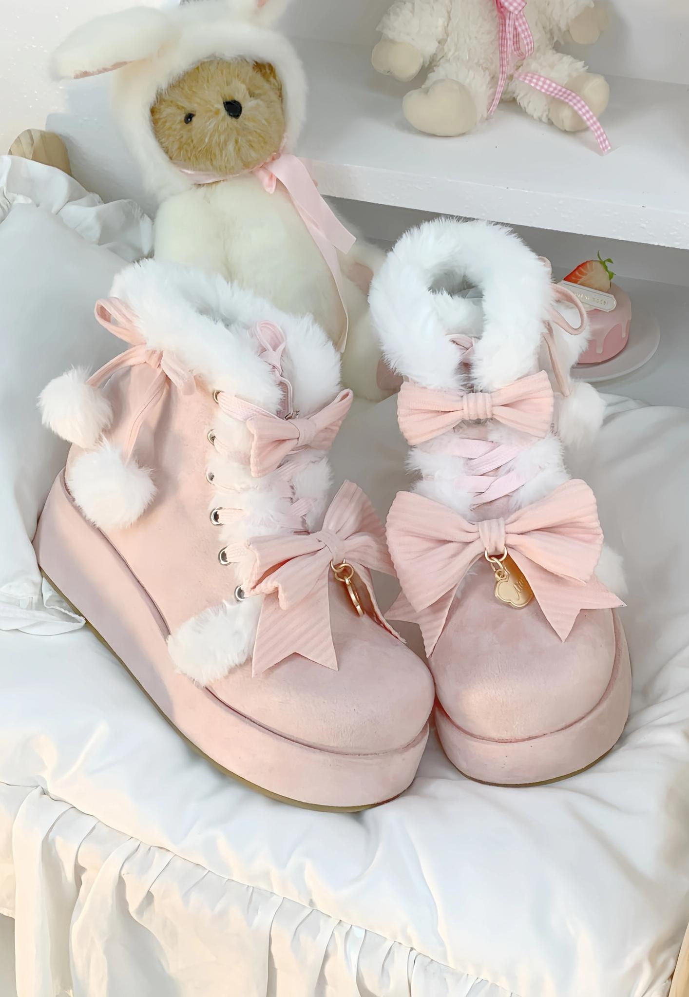 Aimee - Warm - Winter Sweet Lolita Snow Boots Thick Sole Fleece Shoes Creamy Pink 34