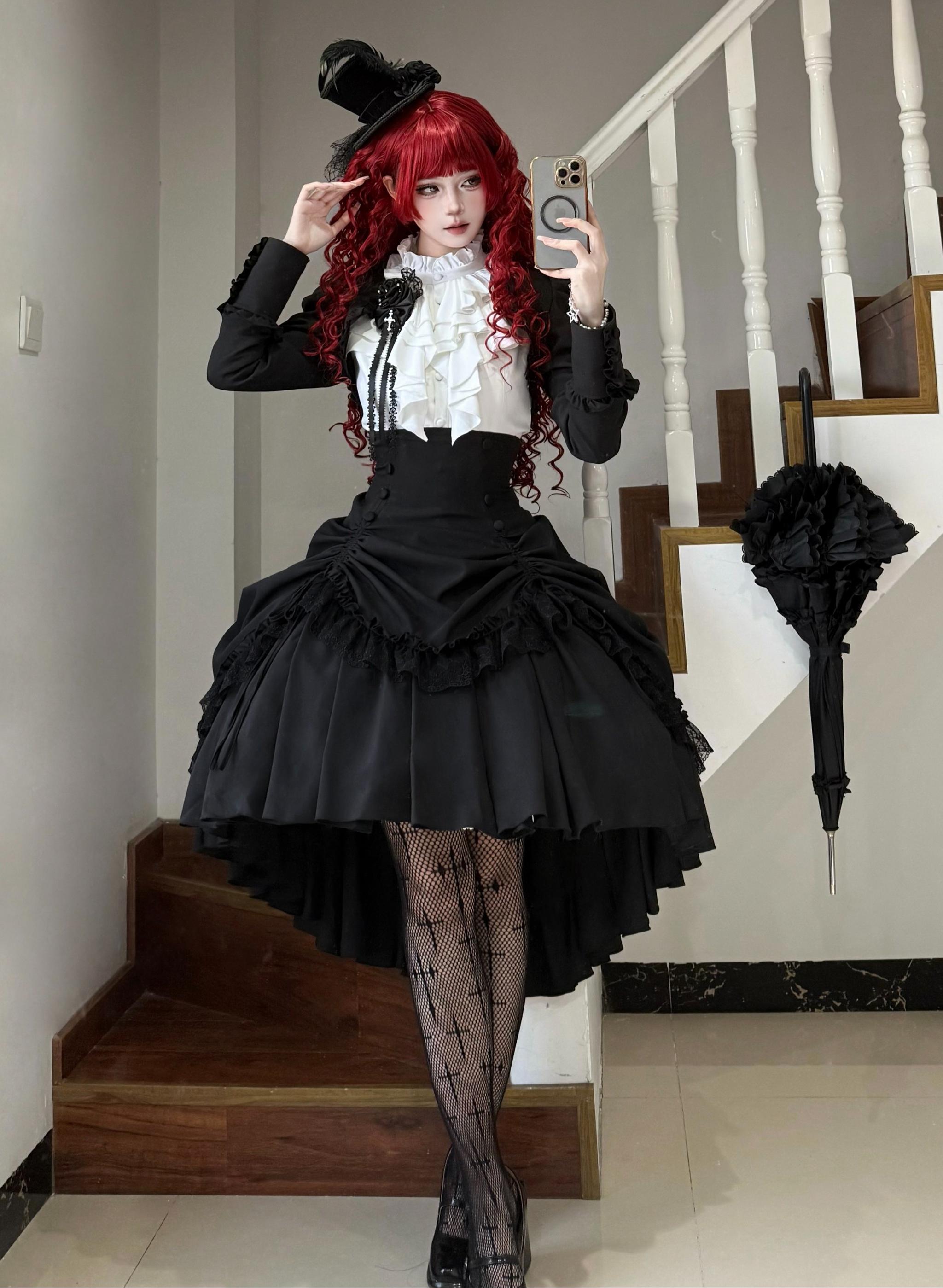 Petite Fangs - Gothic Lolita Fishbone Waist SK Dress, Drawstring Lift-up Hem