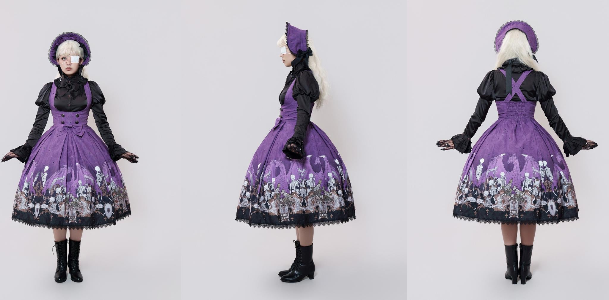 Dragon Bone Lily - Vintage Gothic Lolita Dragon & Skeleton Print JSK Dress