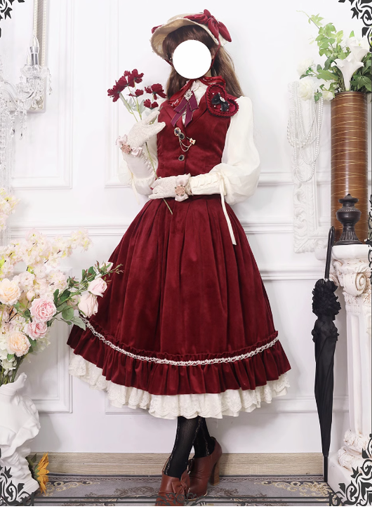 Miss Point - Rose Doll - Elegant Lolita Skirt High Waist Fishbone SK XS burgundy