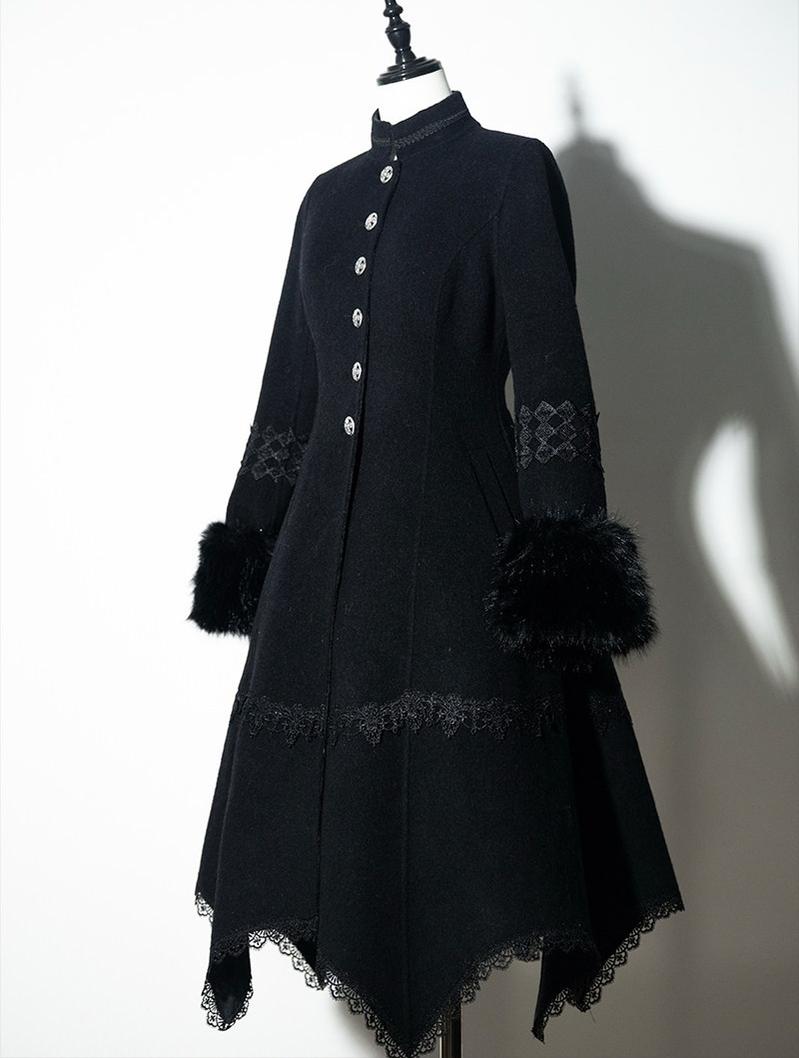Cain and Lilith - Wool Gothic Lolita Long Coat, Cross Details Cain Coat Only (with faux-fur cuffs) S
