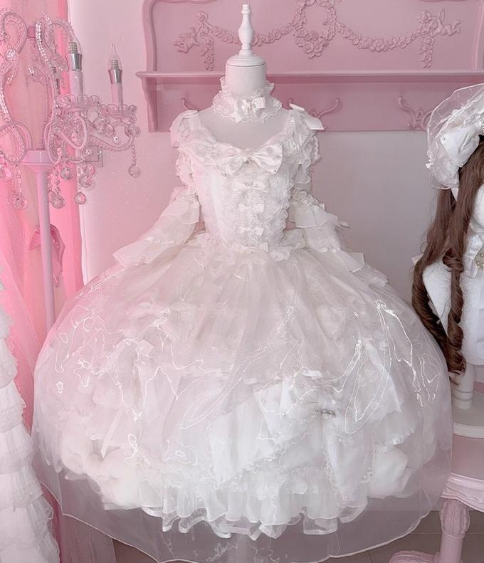 Mengfuzi - Gem Princess - Wedding Sweet Lolita JSK Dress Suit, Side Zipper (White / 2XL L M S XL) 44018:792365