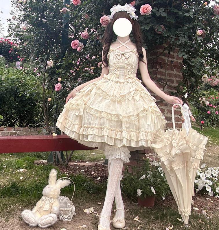 Miss Pearl - Halter Neck Sweet Lolita JSK Dress, Tiered Skirt Apricot JSK Only (without back trailing bow) S