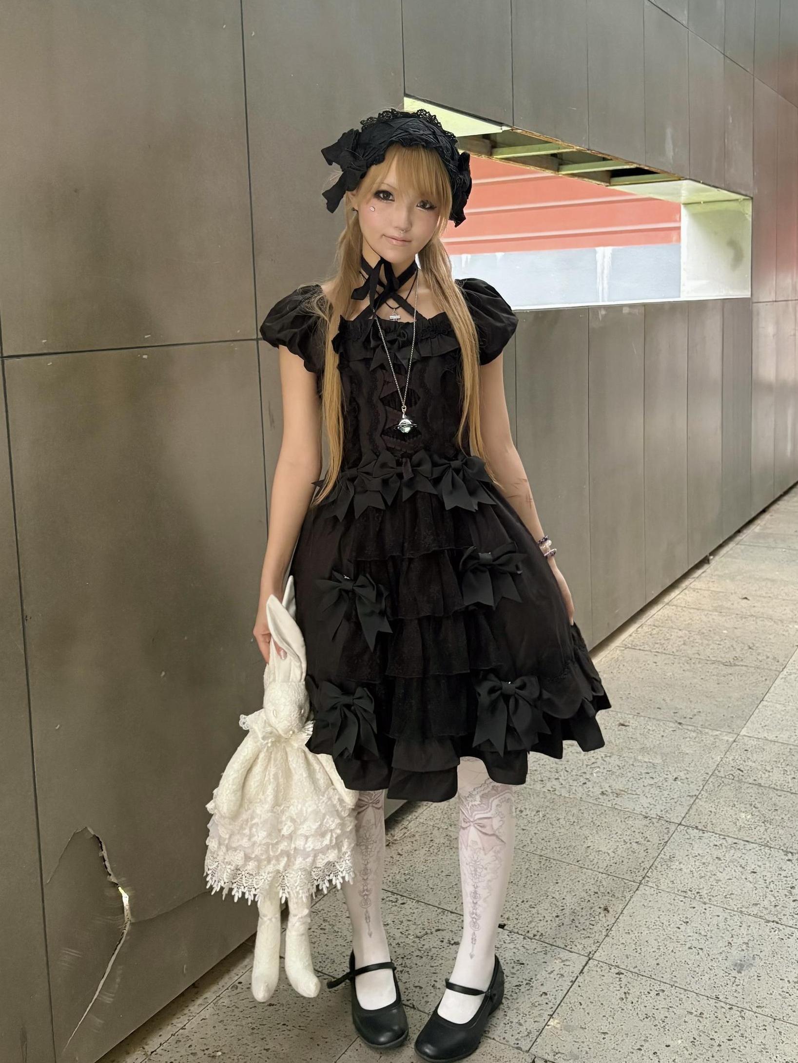 Plaid Petals - Old School Lolita OP Dress, Scalloped Hem Black OP Only S