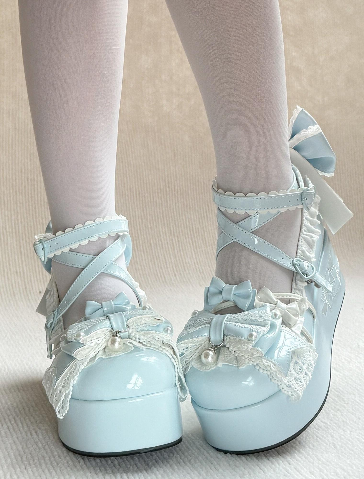 Sweet Dream Letter - Sweet Lolita High Platform Shoes, Embroidery & Bows Blue 34