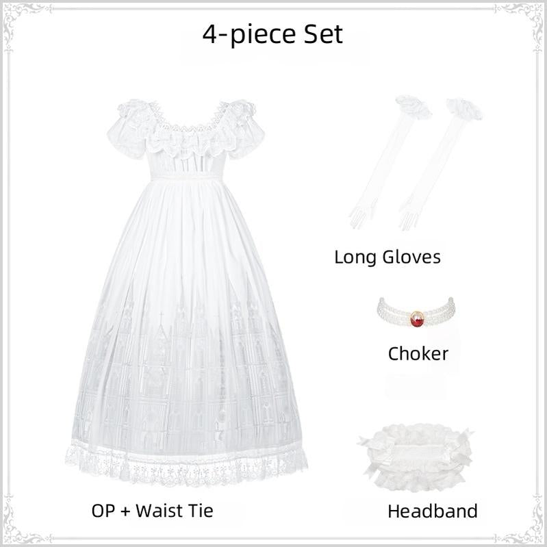 With PUJI - Dawn's Last Light - Castle Printed White Gothic Lolita OP, Two Length Styles Long OP 4-piece Set S
