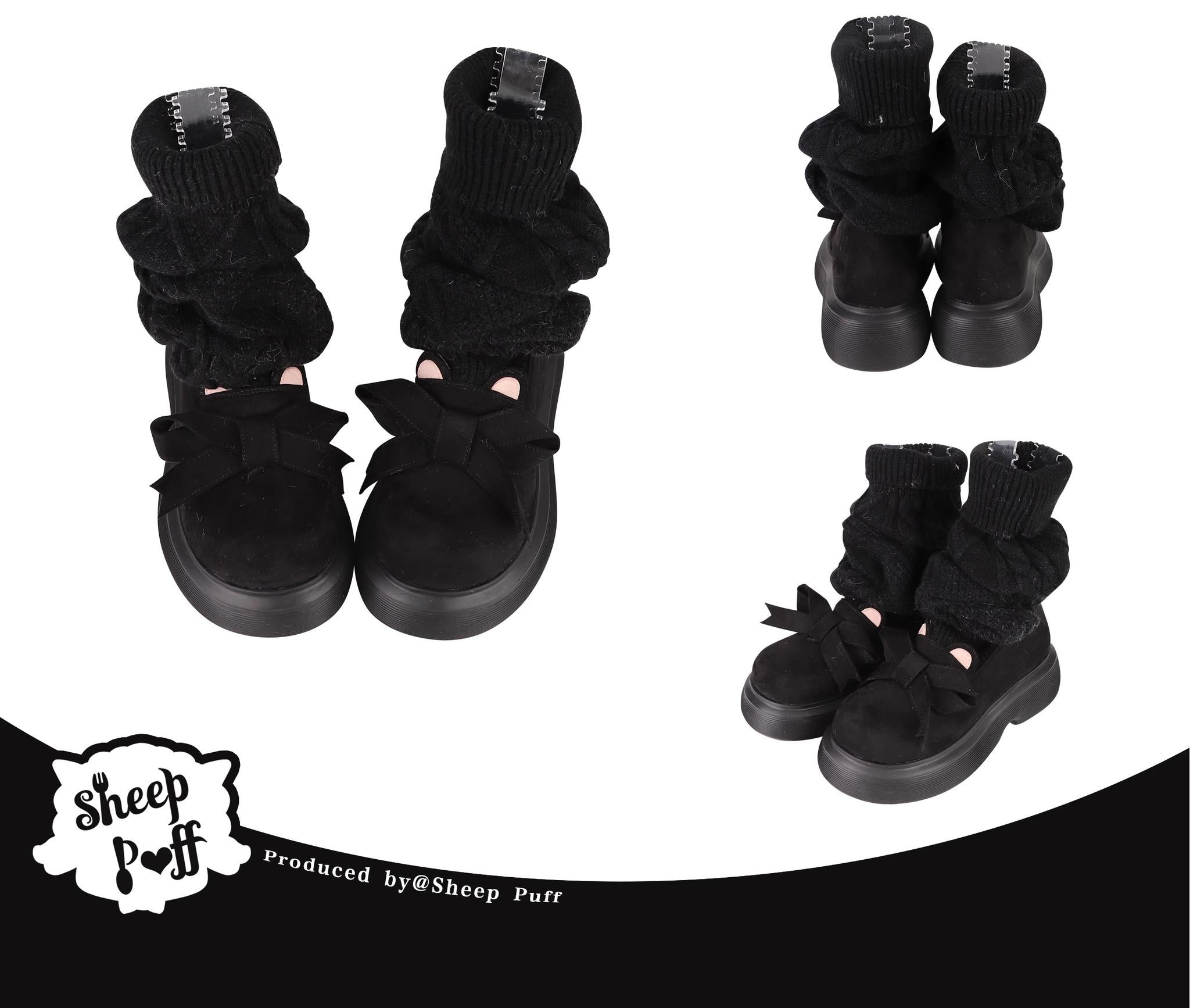 Sheep Puff - Duidui Bear - Winter Lolita Shoes Snow Boots Leg Warmer Shoes 35 Black