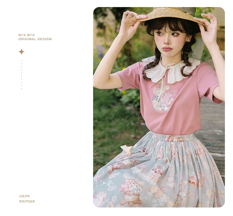 NyaNya - Four Seasons Collection - Sweet Lolita T-shirt Summer Loose Fit Embroidered T-shirt