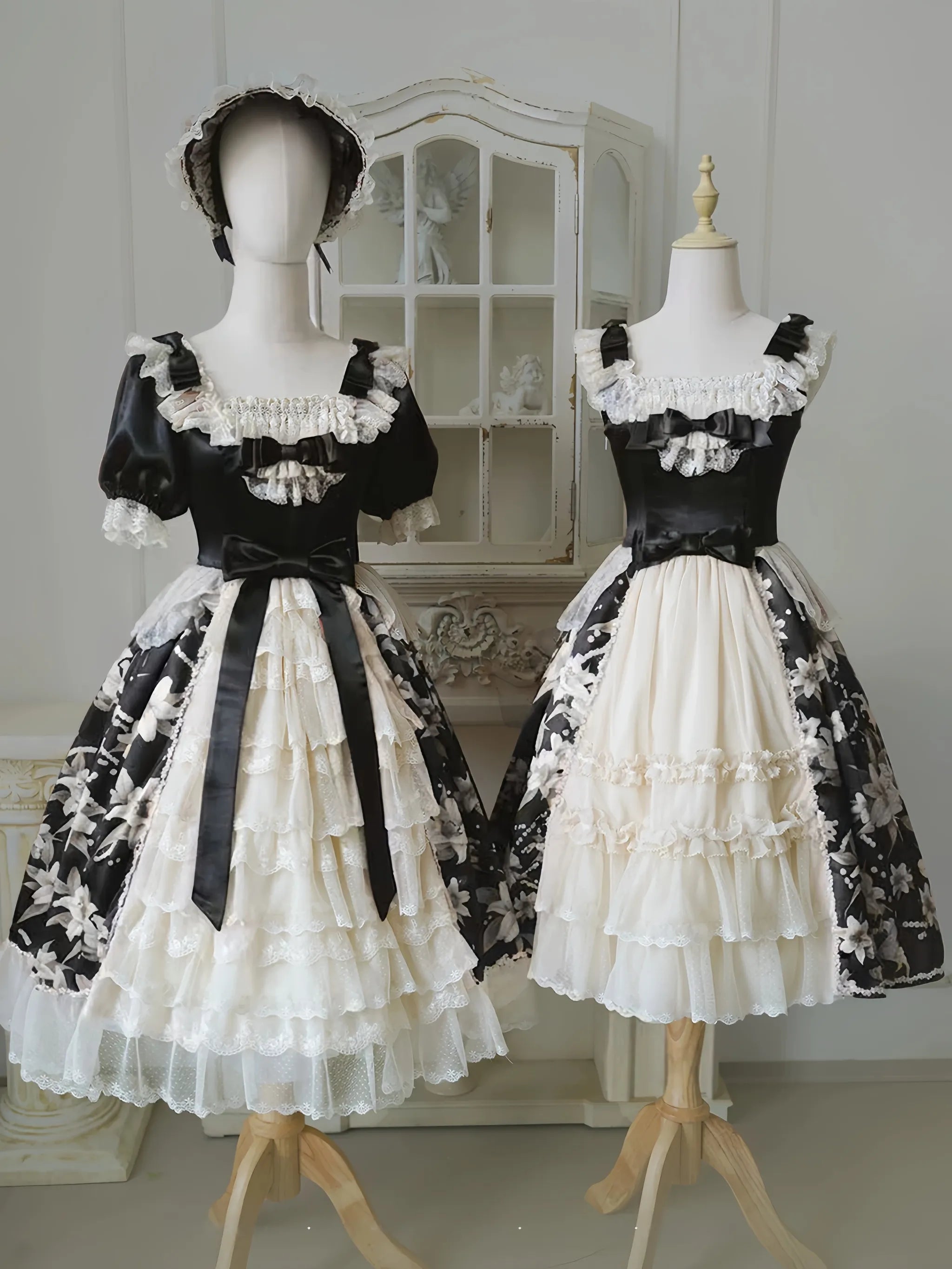 Spring of Golden Lily - Satin Classic Lolita Lily Print Dress, Front Opening 45507:852487