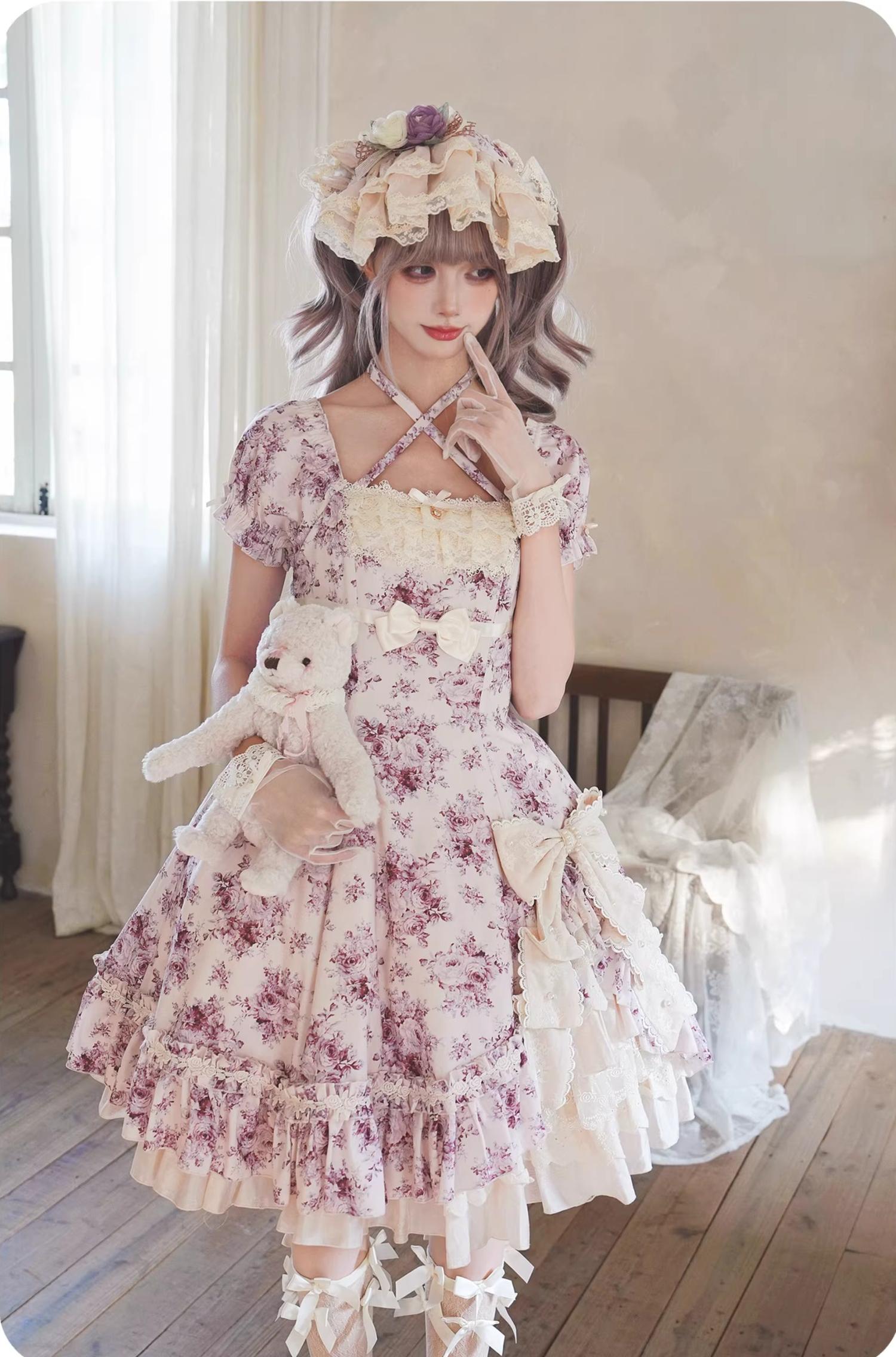 Black Rose - Printed Old School Lolita Dress, Front Opening