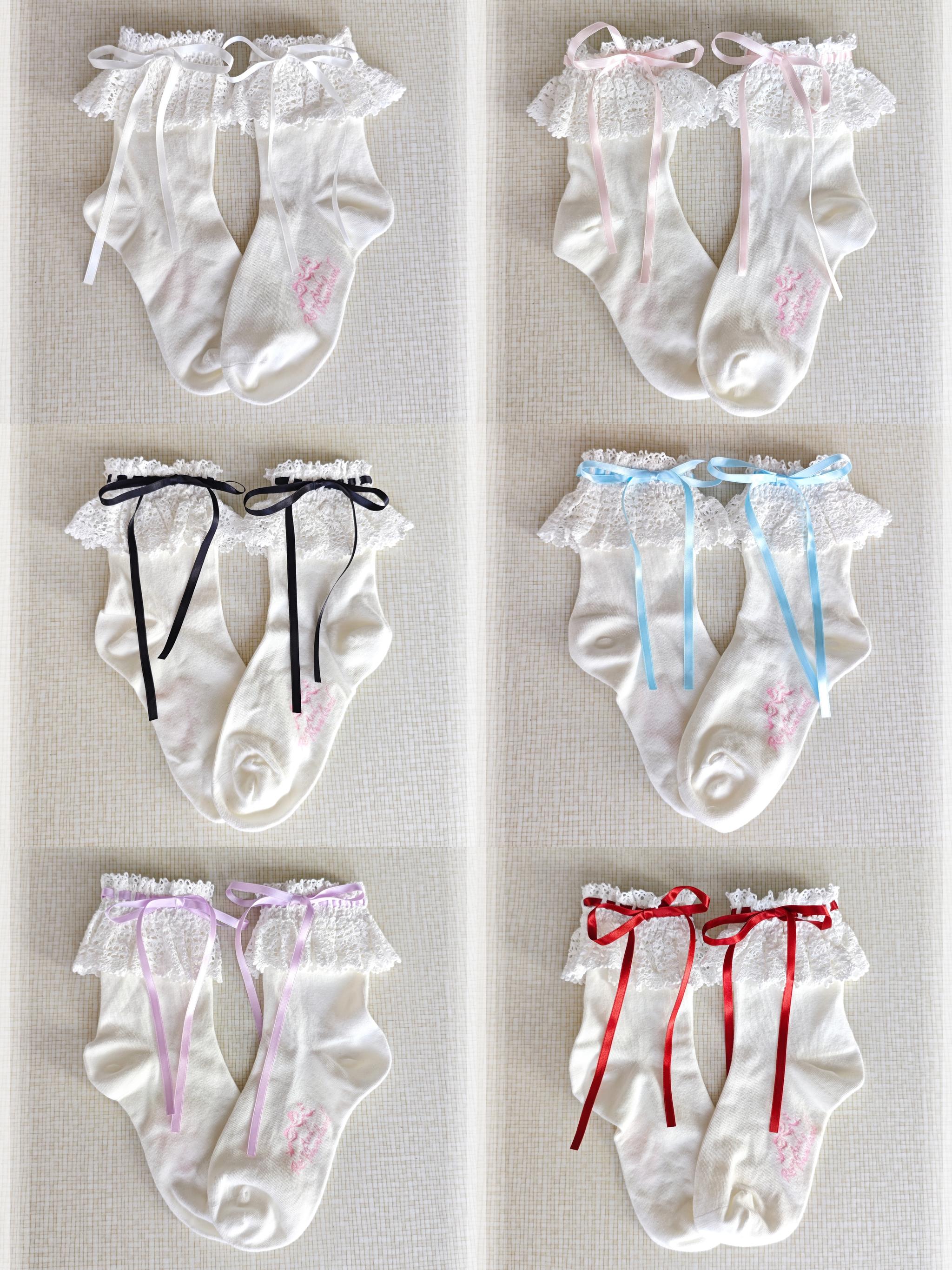 Cotton Old School Lolita White Socks with Colorful Ribbon Bows 45537:853907