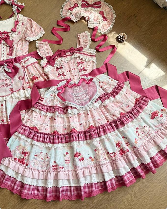Cherry Cake - Printed Sweet Lolita JSK Dress, Embroidered Apron 44904:827175