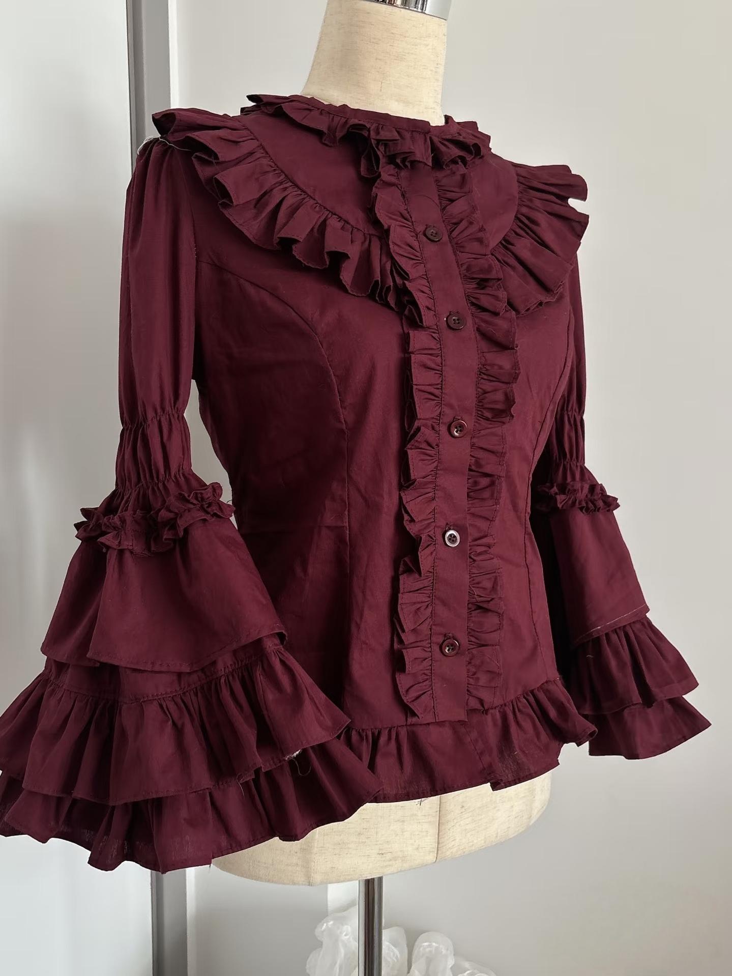 TaTaTa Lolita - Burgundy Rose - Floral Printed Old School Lolita JSK, Elegant Cape Blouse Only S