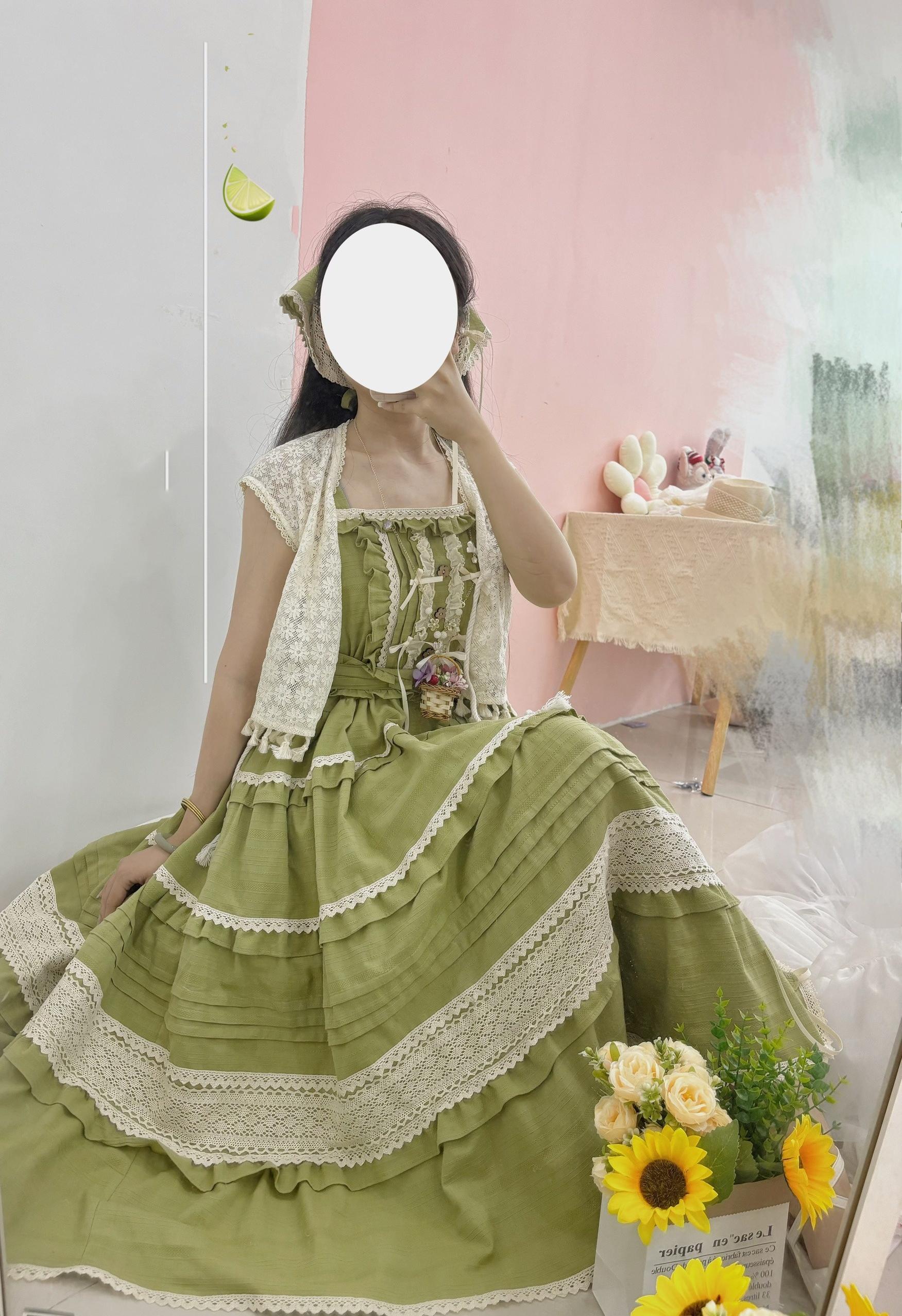 Qianmu - Summer Floral Tea - Country Lolita Cotton Jumper Dress Burlap Dress S Lime (avocado green)