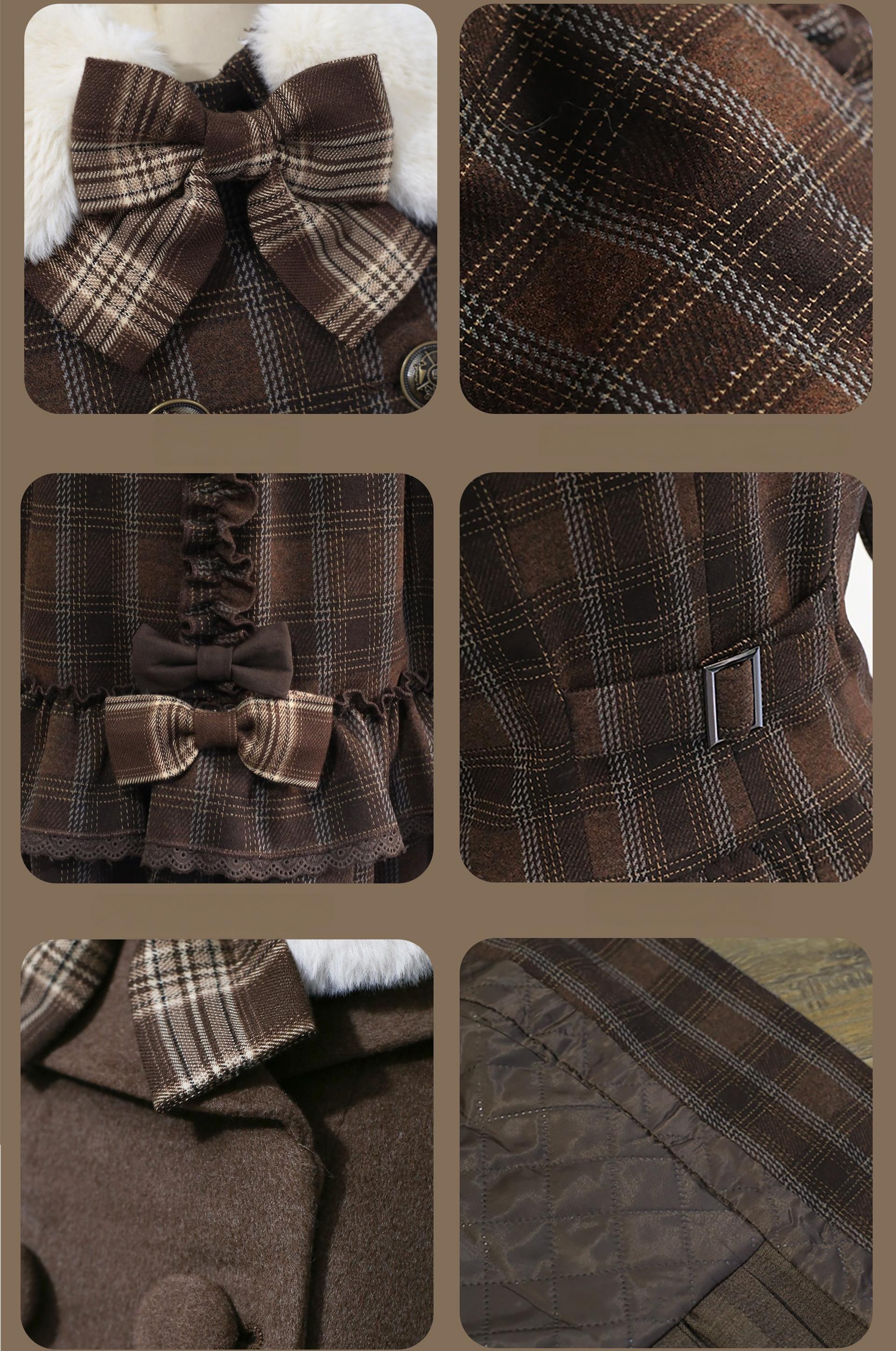 Filled Chocolate - Winter Classic Lolita Plaid Coat Set, Detachable Plush Collar 45900:867152