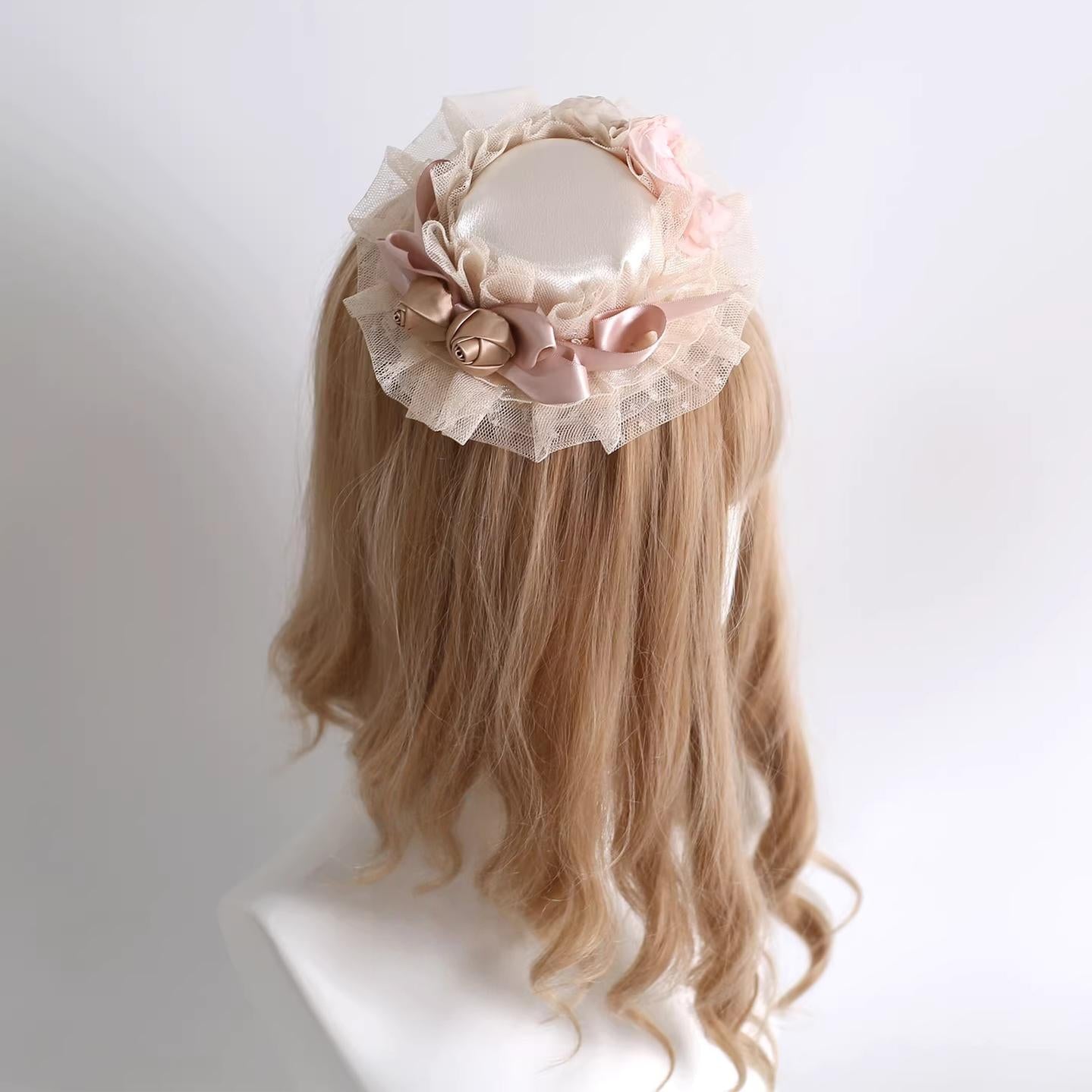 Elegant Champagne Lolita Headdress, Floral & Bows Floral Bud Top Hat Only (with fixed clip)