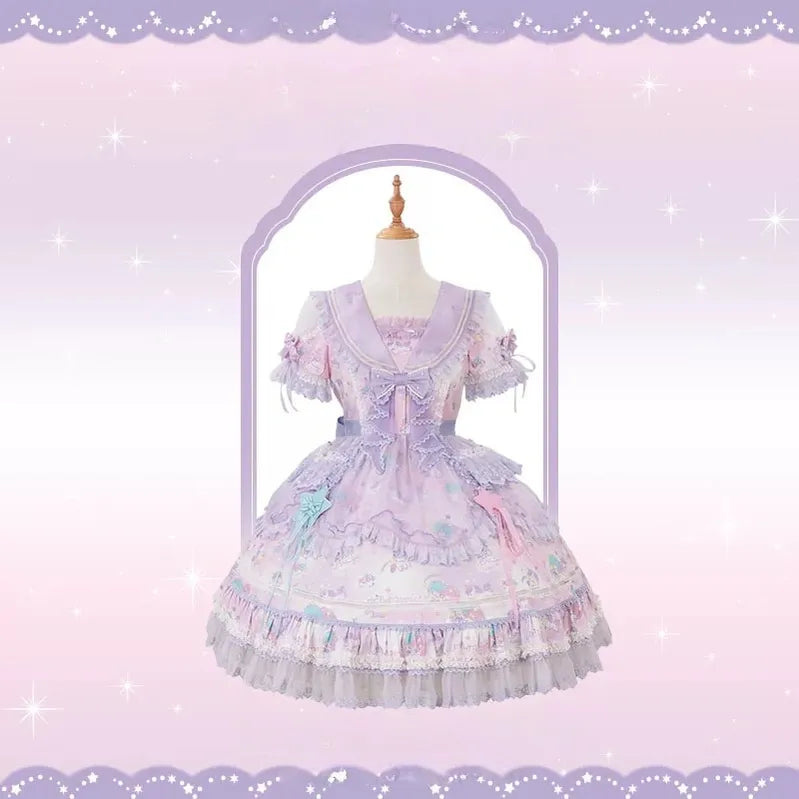 Little Twin Stars - Cotton Lining Sweet Lolita Dress Set, Unicorn and Star Print (L M S XL XS) 45655:857270