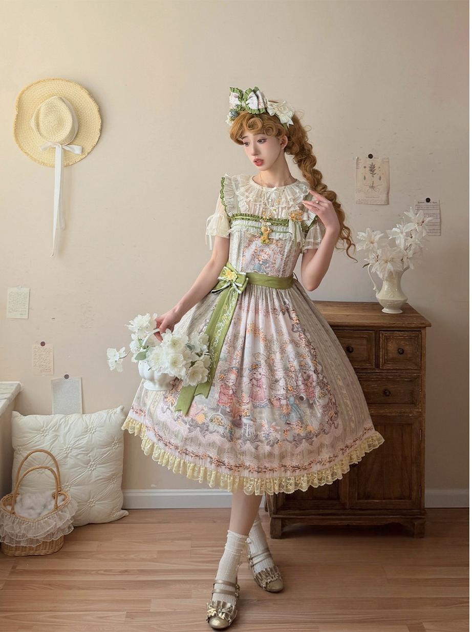 Greets Spring Lamb - Classic Lolita JSK Dress, Winter Jasmine & Lamb Print