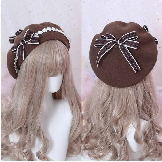 Xiaogui - Sweet and Lovely Daisy Bowknot Woolen Beret Coffee bow+coffee hat One Size