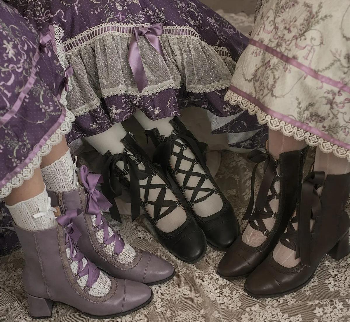 Angel Floral Wall - Classic Lolita Straps Ankle Boots, Side Zipper 45766:861693
