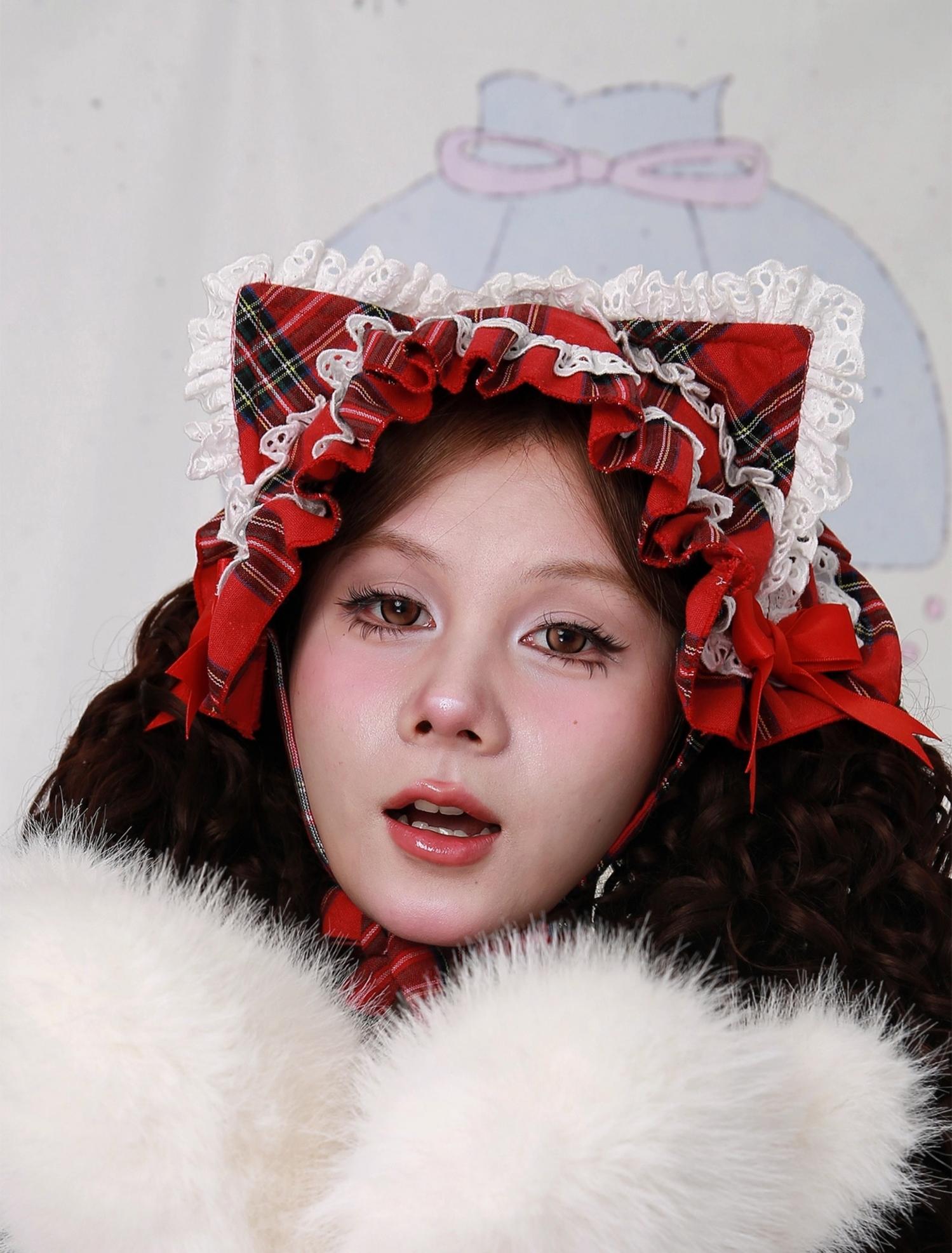 Soso Meme Club - Christmas Sweet Lolita Hairband, Red Plaid Cat Ear 44110:795104
