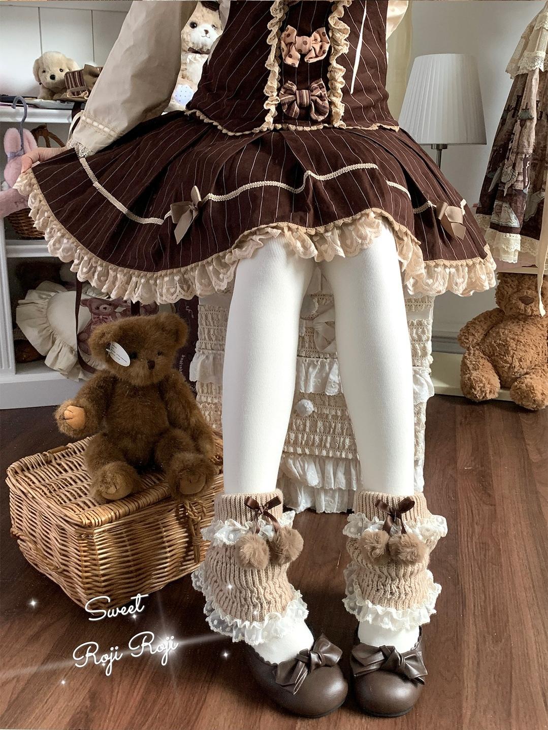 Roji Roji - Kawaii Lolita Wool Leg Warmers, Pom-Pom Accented Bow 43999:791798