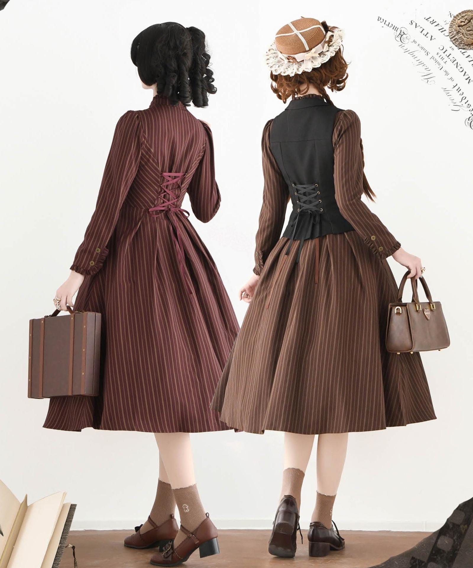 Forest Castle - Classic Lolita Long Striped Dress, Irregular Hem Vest 44441:809854