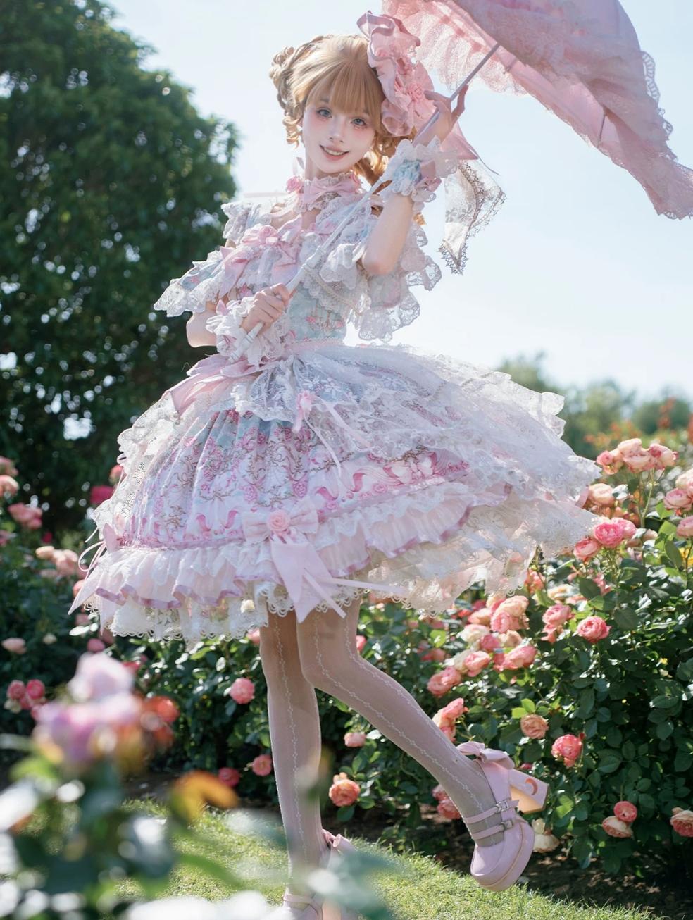 Palace Rose - Gorgeous Classic Lolita Rose Printed JSK Dress with Lace 45729:859606