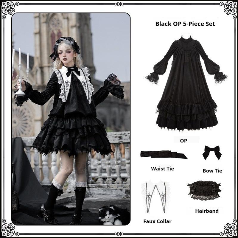 Dawn Bell & Dusk Song - Gothic Lolita Velvet OP Dress, Back Zipper Black OP Set (Black OP + waist tie + faux collar + bow tie + black hairband) S