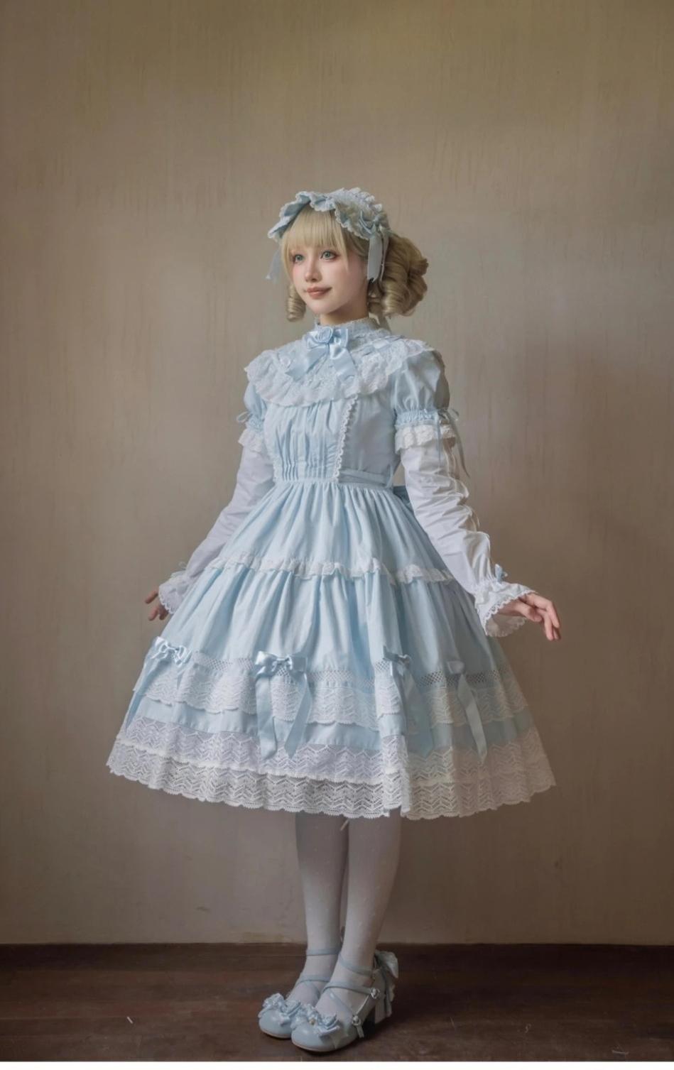 Edelburg Rose - Old School Lolita Cotton OP Dress Set, Detachable Sleeves 45685:859150