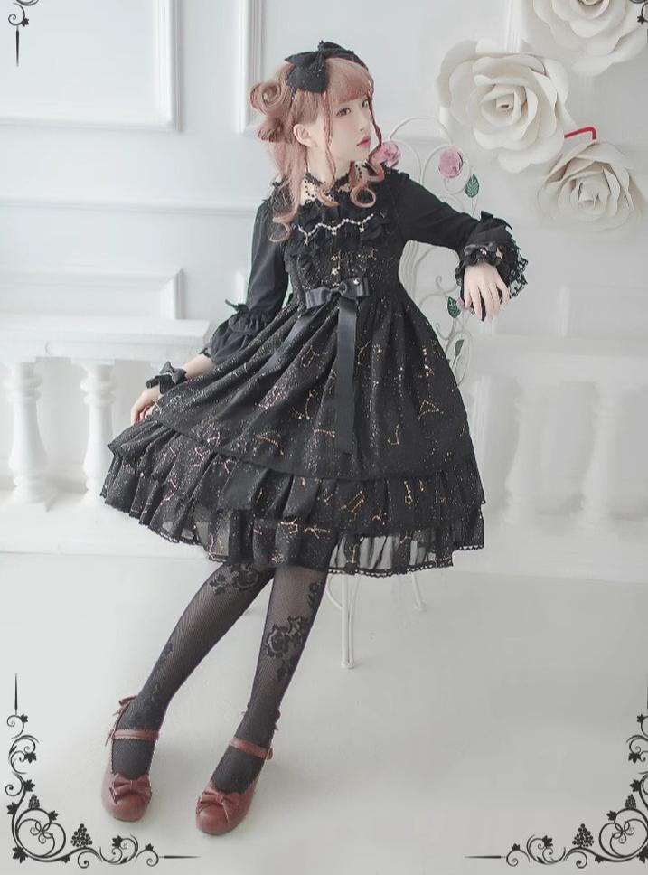 Whisper of Stars - Elegant Lolita Black JSK Dress, Constellation Foil Printing 34582:494076