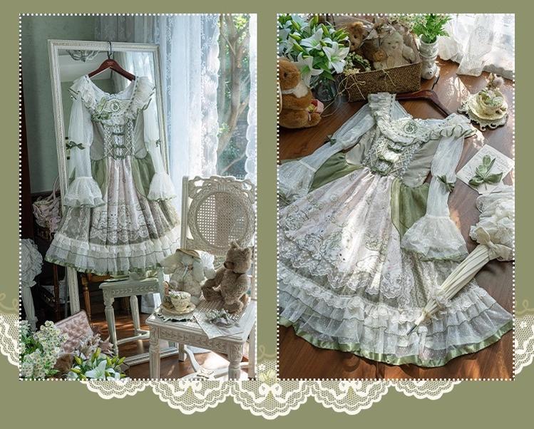 YingLuoFu - Teacup Bunny - Classic Lolita OP Dress, Fresh Green Floral Print 43263:783876
