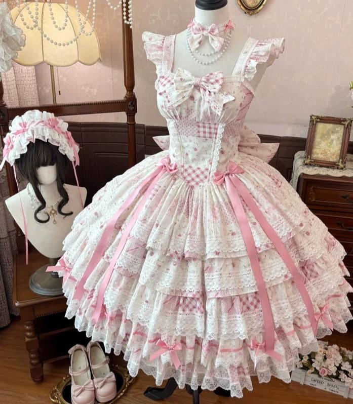 Flower Narrative Ballad - Classic Wedding Lolita Floral Printed JSK Dress with Tiered Hem (2XL L M S XL XS) 45728:859720