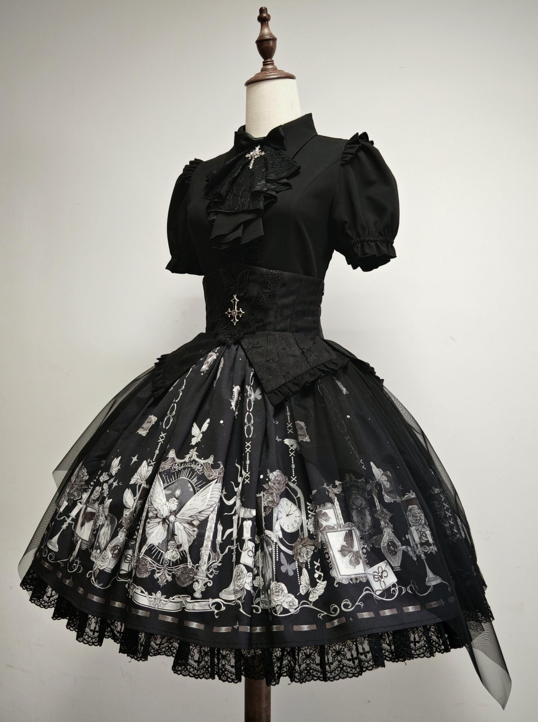 Butterfly Shadow - Halloween Gothic Lolita Fishbone Skirt & Shirt, Butterfly Print
