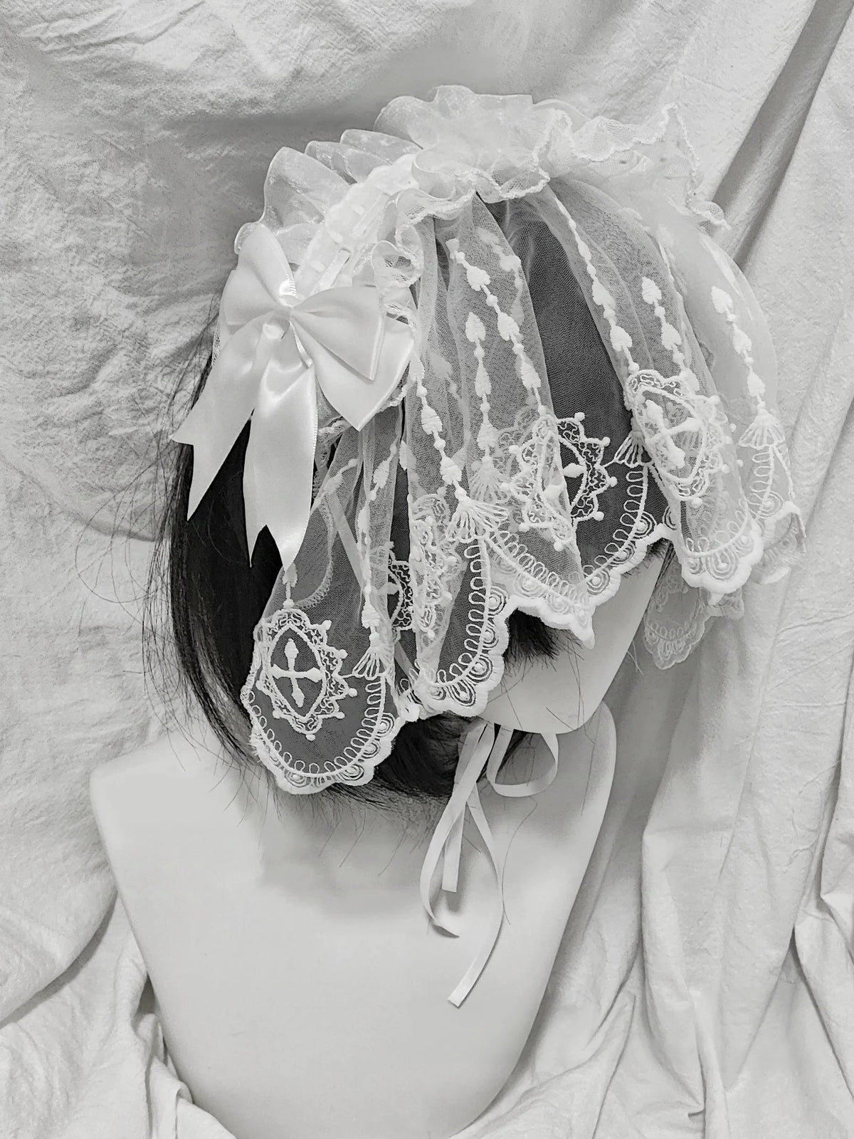 Halloween Gothic Lolita Lace Veil Hairband, Cross Embroidery 46006:872104