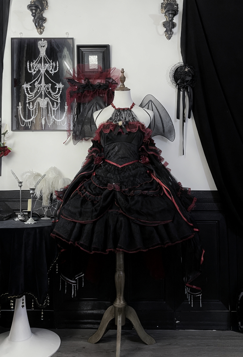 Cascading Poetry - Gothic Lolita JSK Dress, Lace & Tiered Hem Full Set S