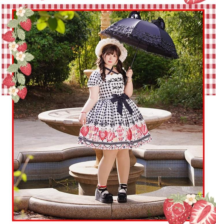 Chubby Cat Diary - Gingham Strawberry - Plus Size Country Lolita OP Dress 43202:771363