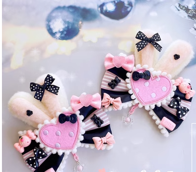 Sweetheart Endless - Sweet Lolita Lace Rabbit Ears Cuffs Multicolor a pair of big rabbit ears and heart blackpink pins (not cuff)