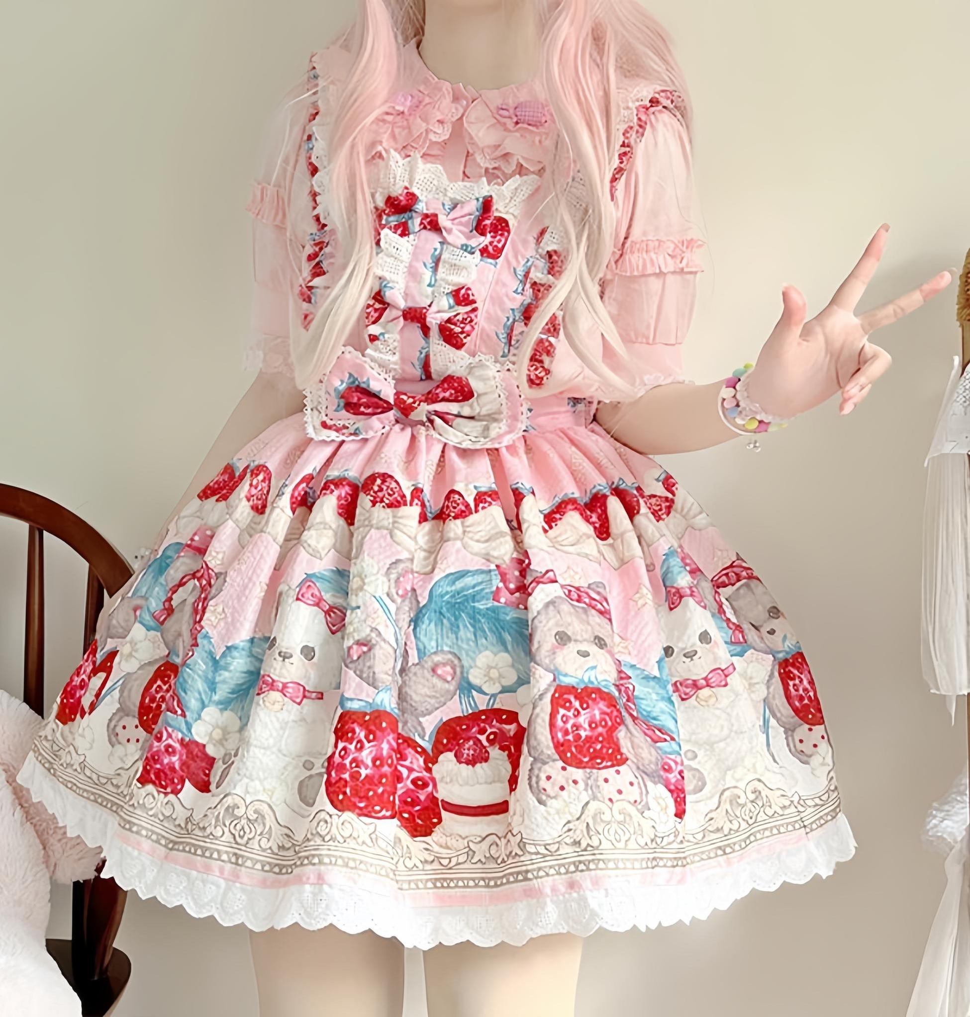 Bearberry Pastry Chef - Kawaii Lolita Salopette Dress, Bear & Strawberry Print Pink S