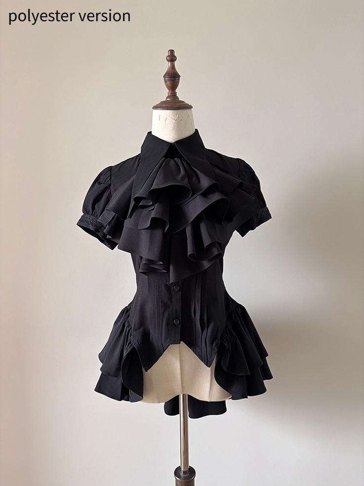 FlowerFairyDaily - Midnight Prayer - Solid Lolita Shirt with Flowing Tiered Back Hem Black - Shirt + Jabot (polyester version) S