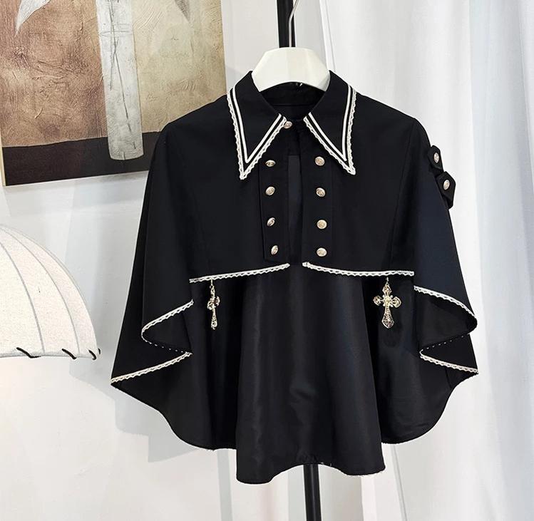 Fallen Holy Star - Ouji Lolita Ruffled Chiffon Blouse & Cape Set, Elastic Shorts 45816:863706