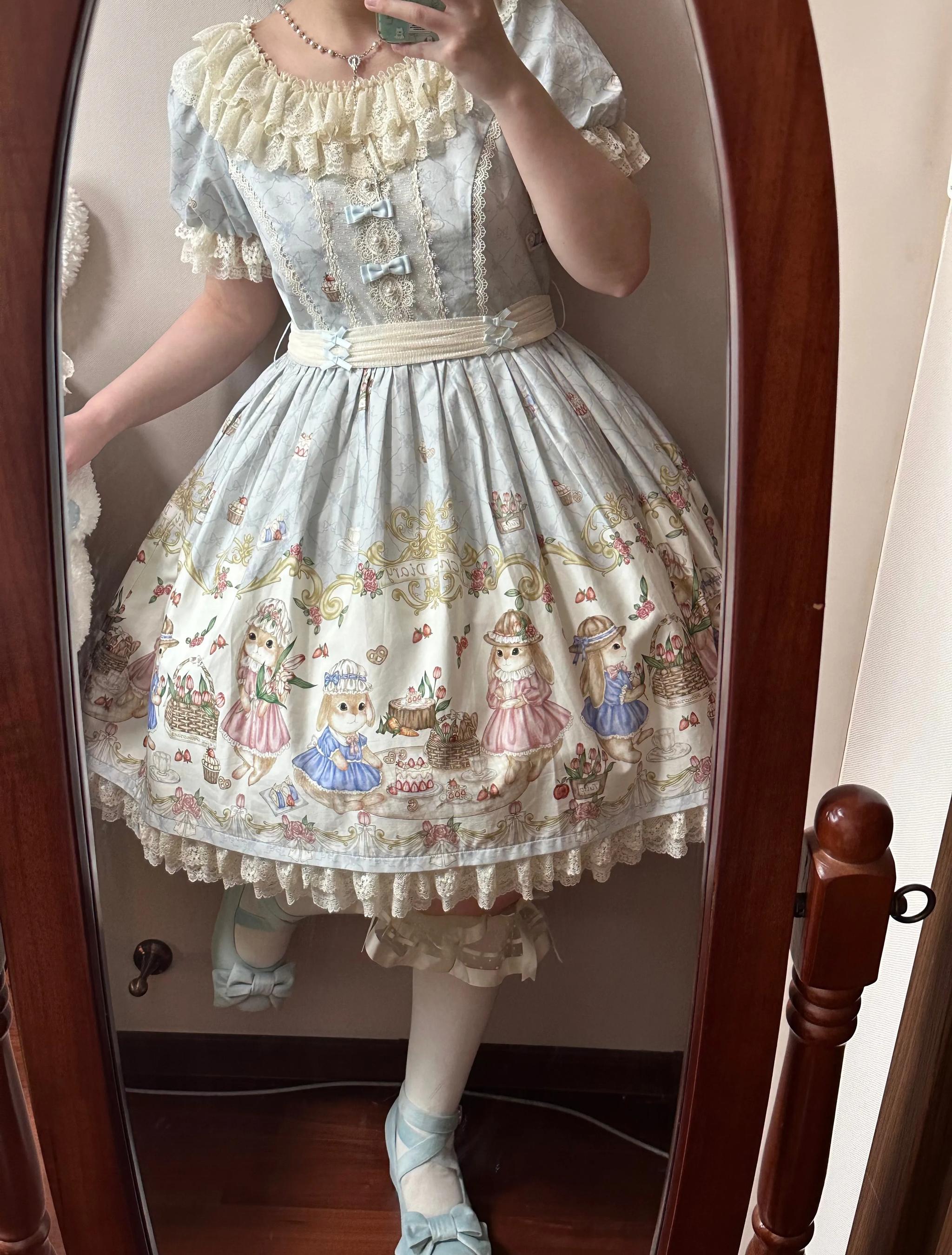 Picnic Bunny - Cotton Daily Doll-like Lolita OP Dress, Bunny Print 45670:858015