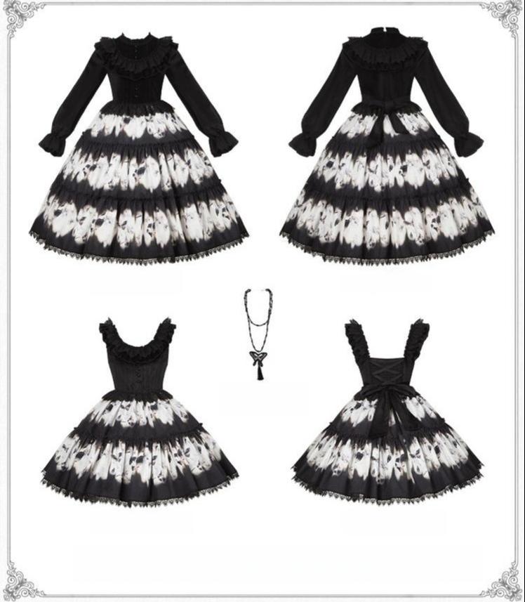 With PUJI - Dead Leaf Butterfly - Gothic Lolita JSK & OP Dress Set, Butterfly Print 44346:805420