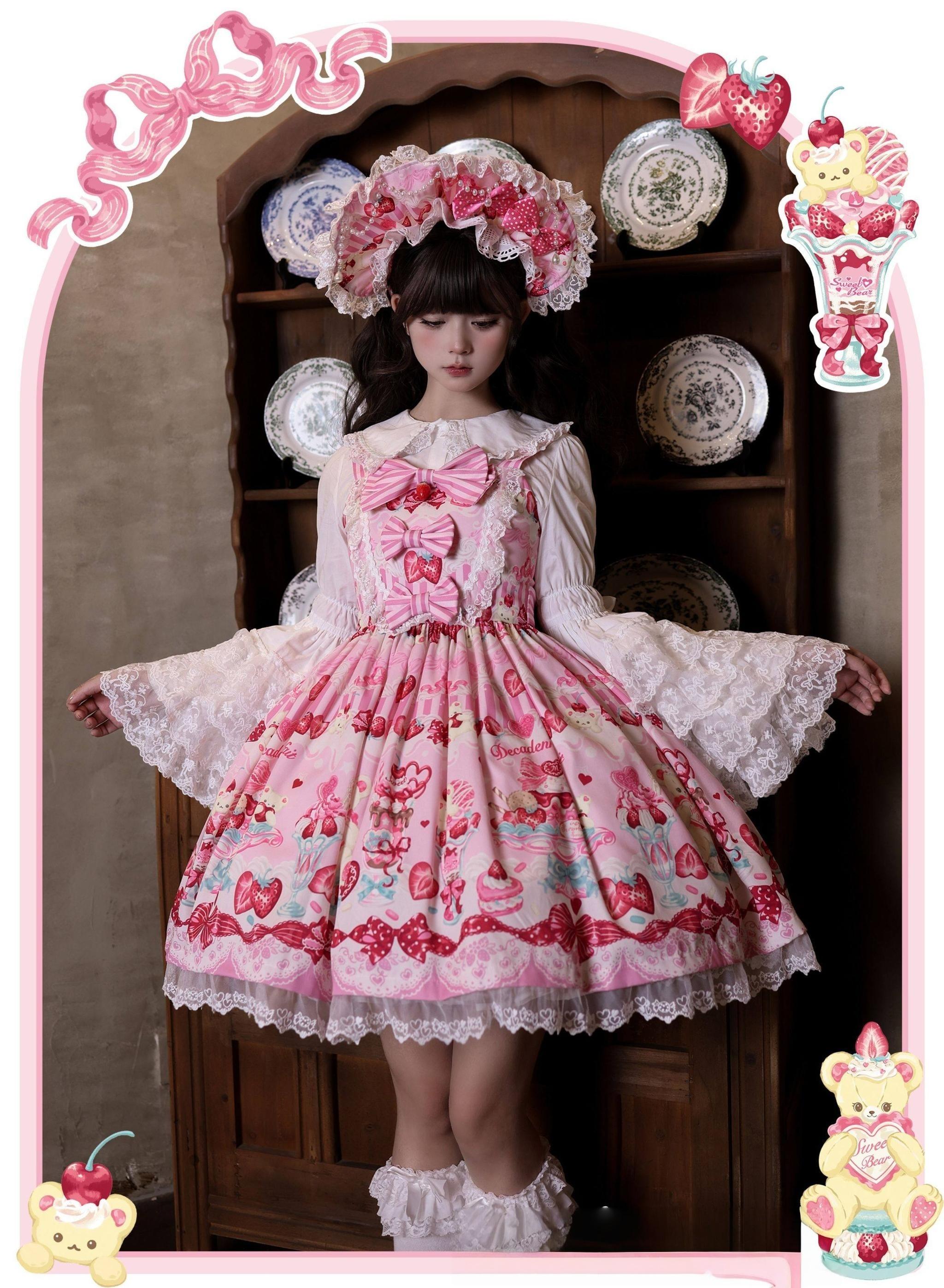 Strawberry Parfait - Strawberry Print Sweet Lolita JSK Dress, Side Pocket Pink - JSK Only S