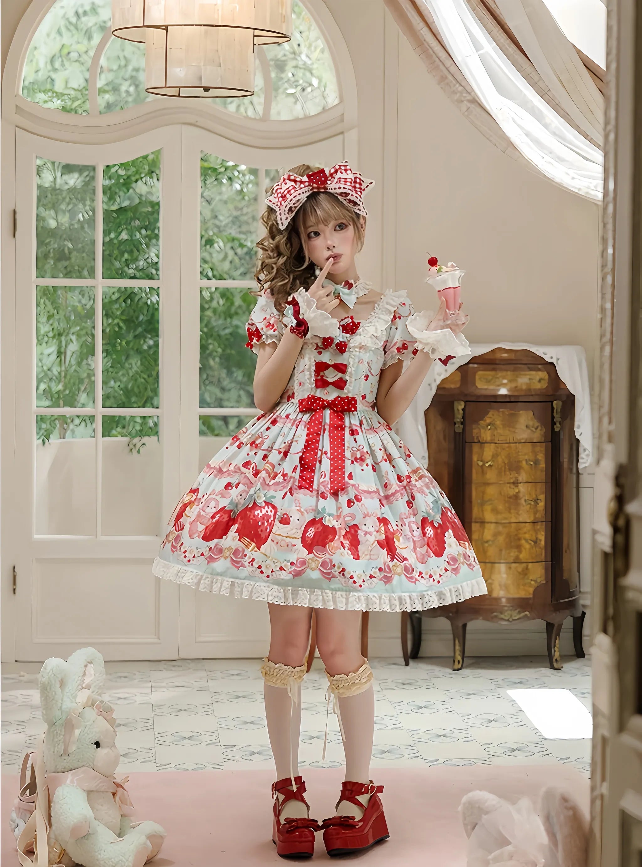 Strawberry Momo Party - Sweet Lolita OP and JSK, Strawberry Print and Cake Embroidery 45548:853276